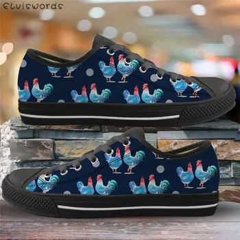 

ELVISWORDS Funny Rooster Pattern Black Vulcanized Shoes Leisure Youth Girls Canvas Low Top Flats Comfortable Women Walking Shoes