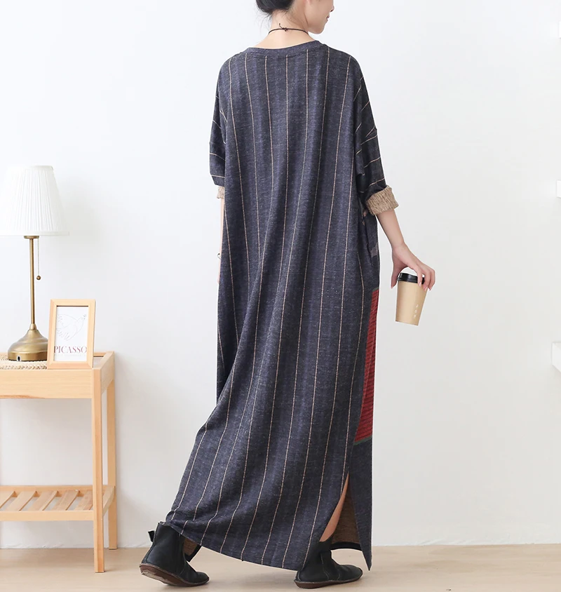 New Autumn Maxi Dresses for Women Casual Loose Long Sleeve Dress Women Knitting Striped Rabbit Hair Printed Robe Winter Vestidos