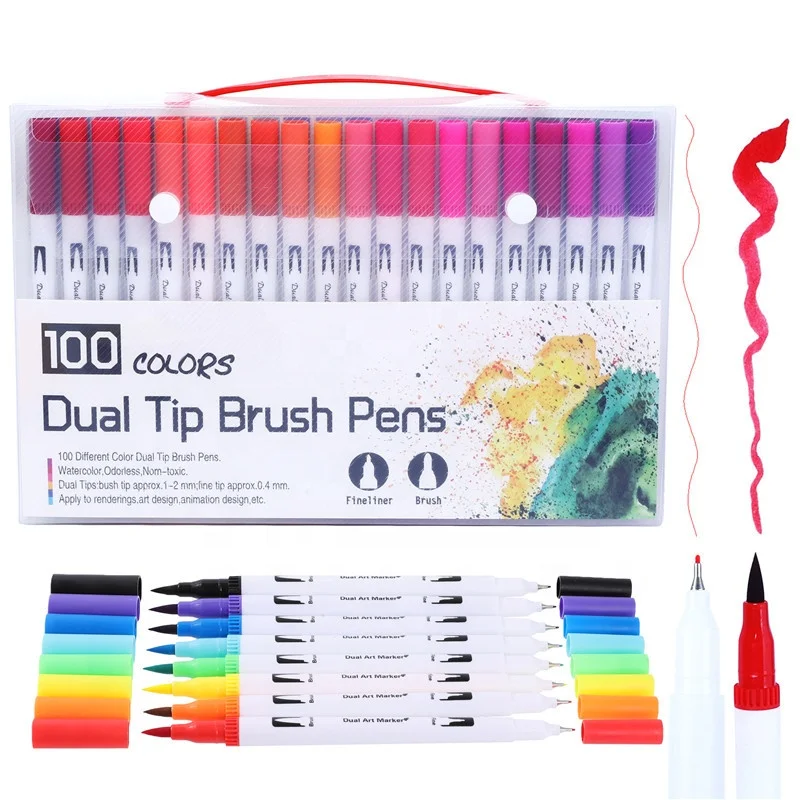 100 Colors Dual Tip Brush Pens Highlighter Art Markers 0.4mm Fine Line -  gcquill