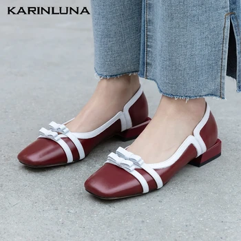 

Karinluna Brand New Sweet Little Bow Tie Chunky Heels Genuine Leather Cow Skin Women Shoes Pumps