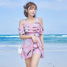 水着女性 2020 新ホットスタイルワンピースドレススタイルのセクシーな薄型胸ギャザー温泉ビッグサイズ水泳スーツ(China)