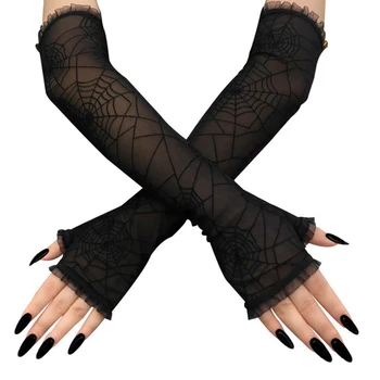 

Spider Web Arm Sleeves Halloween Gloves Women Long Gloves Half Finger Mesh Gloves for Halloween Party Costume Accessory