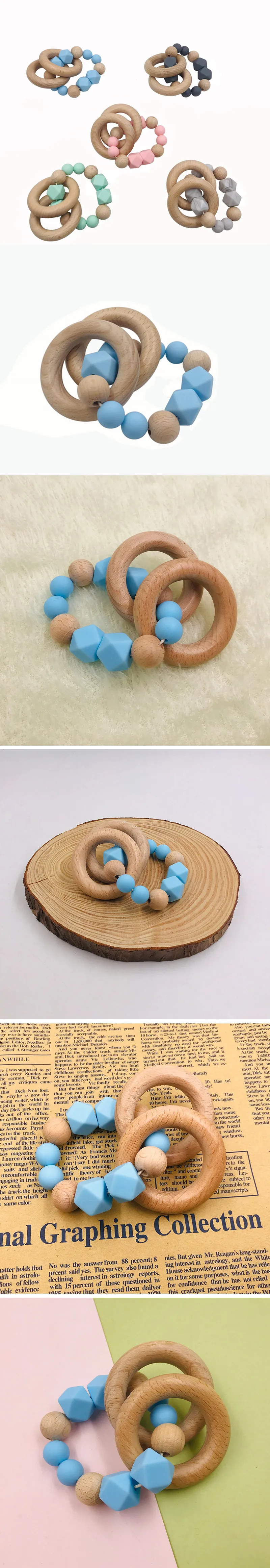Baby Teether Bracelet Beech Wooden Ring Natural Teething Grasping Toy Silicone Bead Toddler Teether Newborn DIY Baby Gift