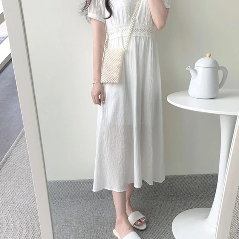 Korean Style Lace Up Pleated Patchwork White Long Dress Women Elegant High Waist Casual Fashionable Dress 2020 Summer Dresses