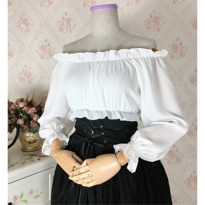 White Long Sleeve Женские средневековые Топы Лолиты Kawaii с открытыми плечами шифоновые вечерние костюмы для косплея принцессы Ренессанса блузка с коротким/длинным рукавом - Цвет: White Long Sleeve