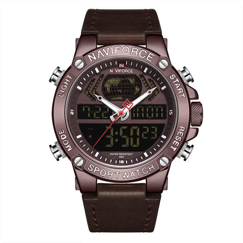 Brown Топ люксовый бренд NAVIFORCE часы мужские кожаные водонепроницаемые спортивные мужские кварцевые аналоговые часы цифровые часы мужские часы - Цвет: Brown