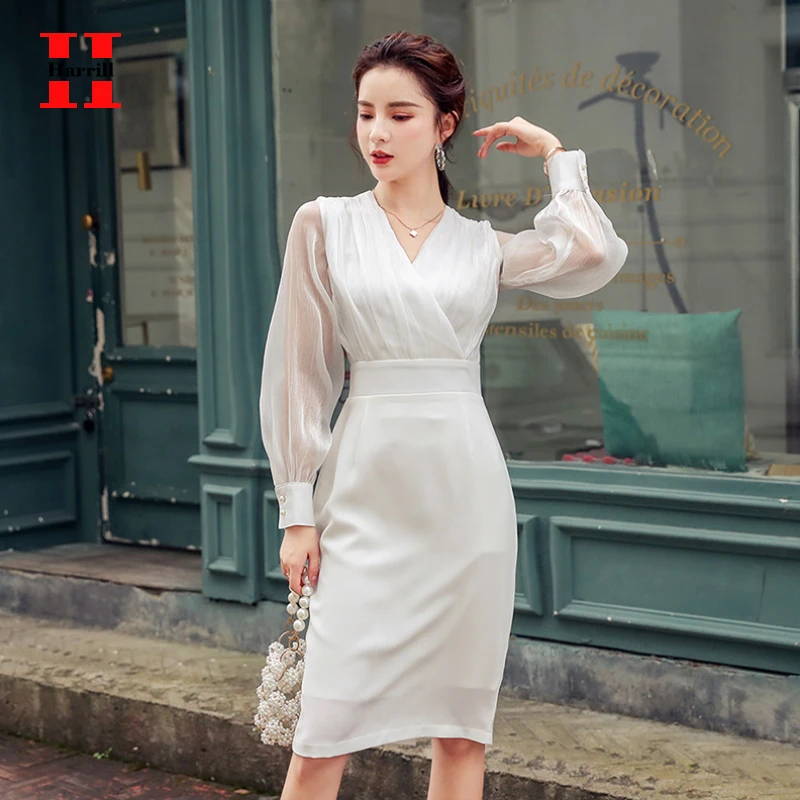 

OL style Korean Dress Woman High Waist Mesh Perspective Patchwork Long Sleeve Midi Dress Woman Slim White Pencil Dresses mujer