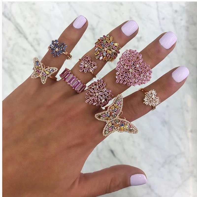 Красочные cz очаровательные кольца с бабочкой, кольца с маленькими полосками, модное кольцо, ювелирное изделие для женщин, золотое, модное элегантное обручальное кольцо