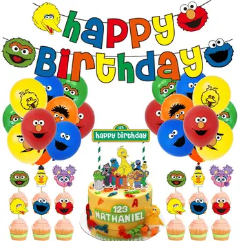 

Original Sesame Street Birthday Party Decoration Sesame Street Pull Flag Banner Cake Insert Card Cartoon Balloon Set