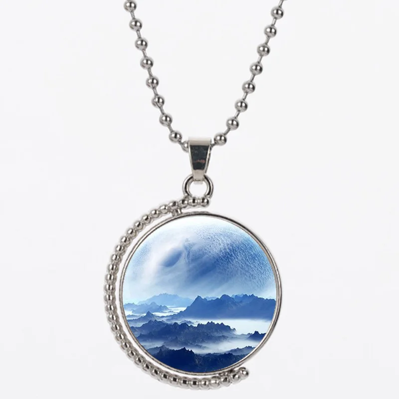 

CAB21 round shape pendant send with bag white resin Material 925 silver chian for women and man 25mm width Landscape painting