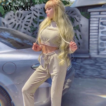 

WLWXR Glitter 2 Piece Set Women Suit Long Sleeve Crop Hoodie and Skinny Pants Female Tracksuit Women Club Outfits Matching Set