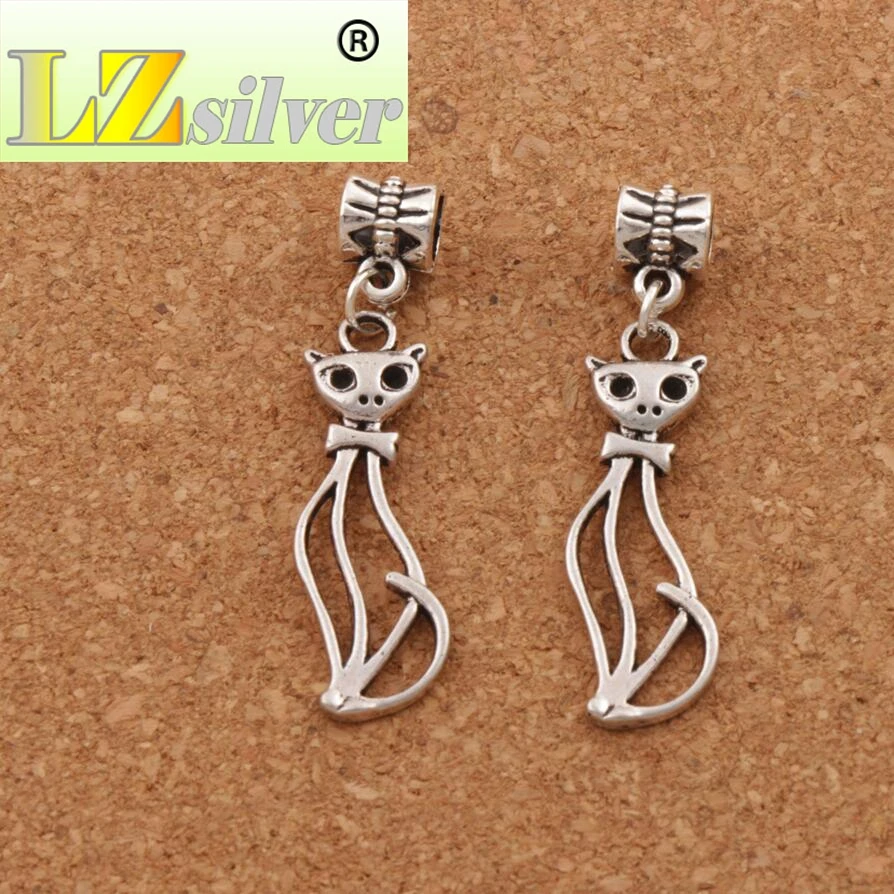 Hollow Slim Lady Cat Charm Beads 11x44mm 100pcs Zinc Alloy Dangle Fit European Bracelets B1162