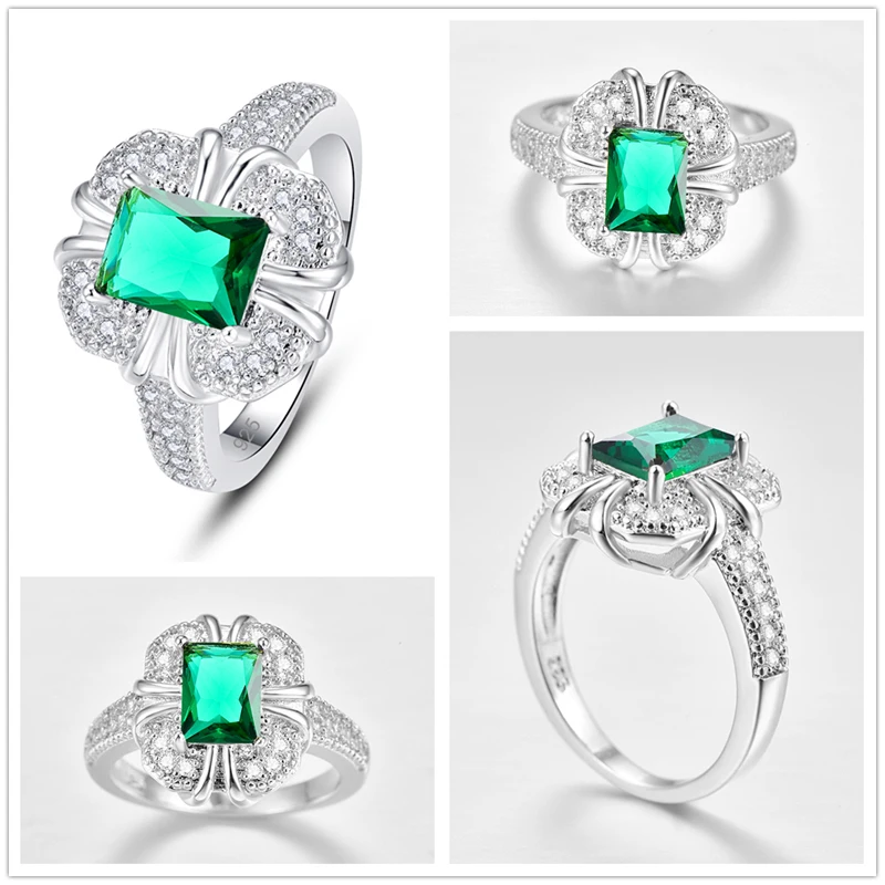 Lingmei прямоугольное великолепное обручальное кольцо кольца Многоцветный Зеленый Циркон Серебро 925 кольцо Размер 6 7 8 9 модное ювелирное изделие Рождество