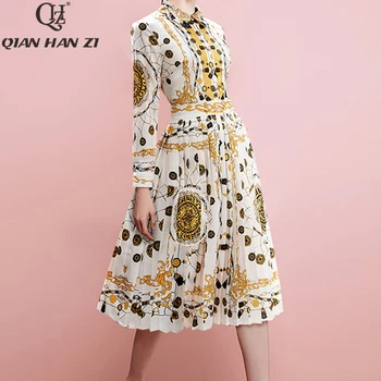 

Qian Han Zi 2020 Spring Summer Designer Fashion Women Dress Lapel pattern Printed elegant casual slim pleated dress
