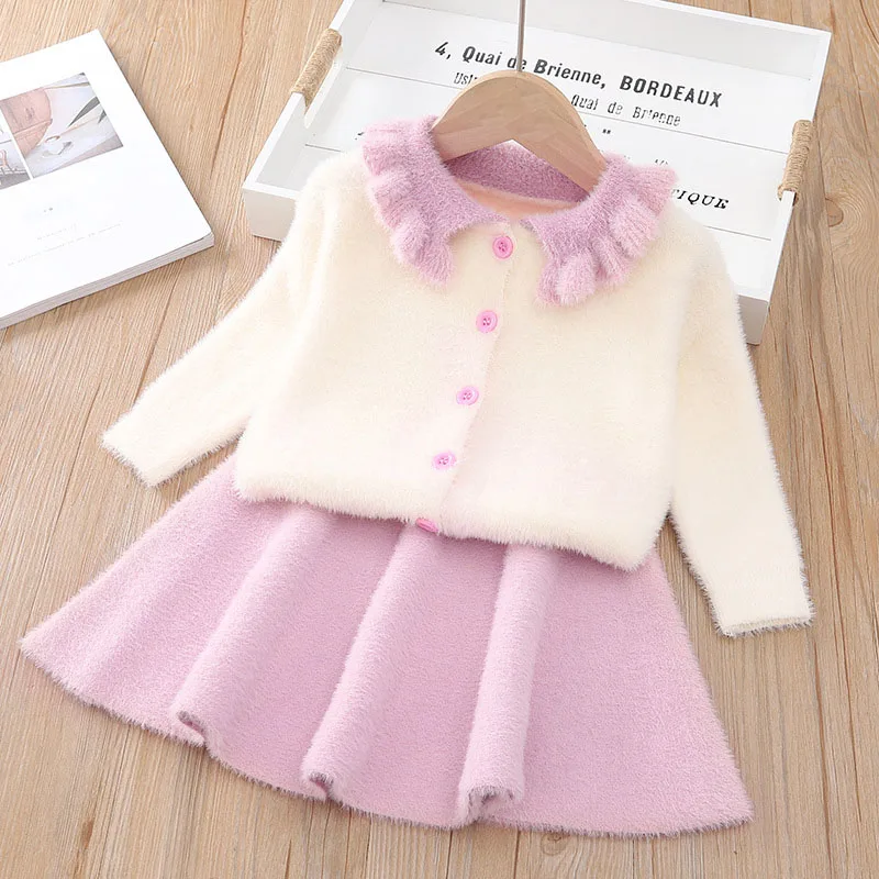 AX1245pink Платья для девочек с бантом; сезон осень-зима; шерстяной вязаный свитер для девочек; вечерние платья для девочек на свадьбу; Одежда для маленьких девочек; плиссированное платье - Color: AX1245pink