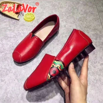 

ZALAVOR Women Flats Genuine Leather Shoes Loafers Spring Round Toe Shoes Lazy Casual Shoes Non-Slip Low Heels Shoes Size 34-41