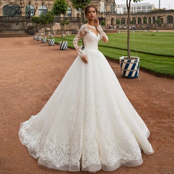 

Traugel Chic Scoop A Line Lace Wedding Dresses Elegant Applique Long Sleeve Button Bride Dress Court Train Bridal Gown Plus Size