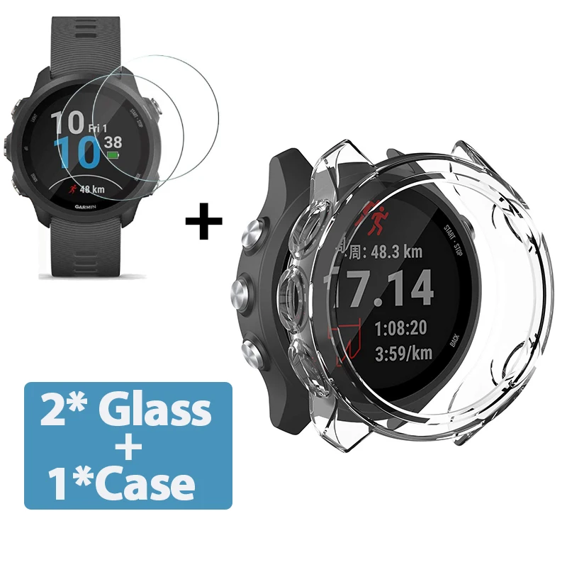 2-in-1 Protector Case + Screen Protector for Garmin Forerunner 245 245 Music Soft TPU Protective Cover Shell Tempered Glass Film 