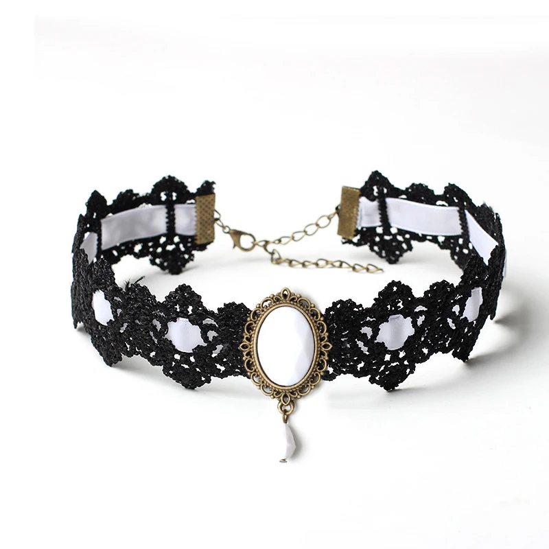 White Bohemia Lace Gothic Tattoo Choker Women Clavicle Chain Vintage Necklace Crystal Necklaces Gothic Punk Collar Jewelry New Arrival - Metal Color: White