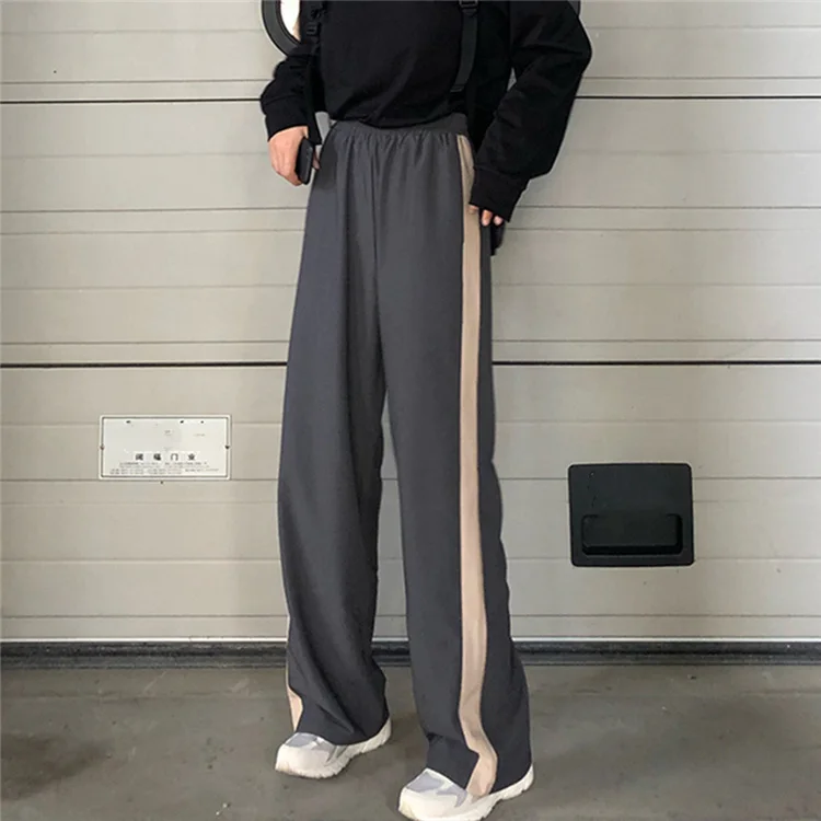 

2020 Summer Women Wide Leg Pants High Elastic Waist Casual Striped Patchwork Sweat Sporty joggers Lady Trousers Elastic Waist