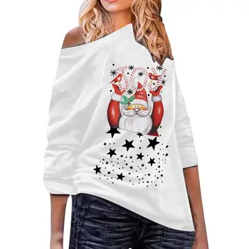 

Christmas Trendy Women's Hoddies Women Autumn Santa Claus Print Long Sleeve One Shoulder Pullover Sweatshirt