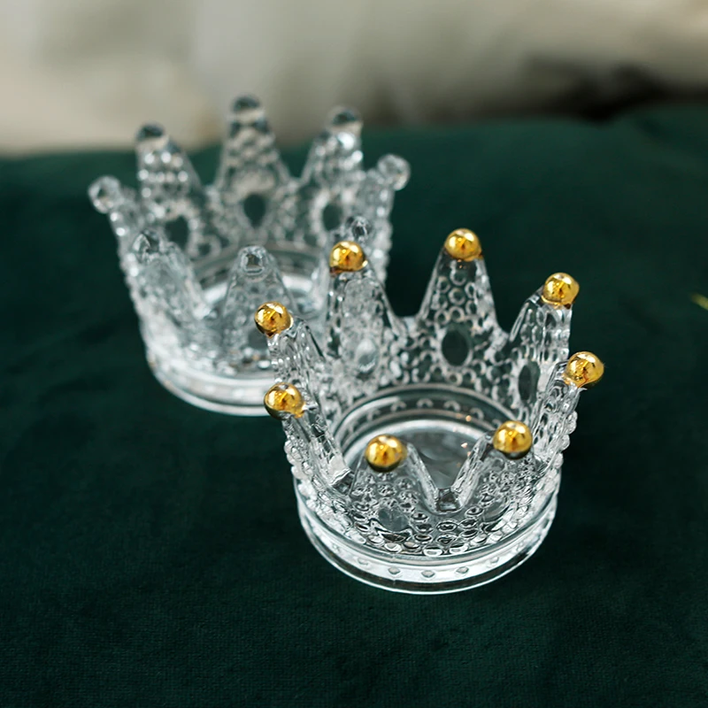 

Light Luxury Glass Crown Jewelry Plate Drawing Gold Small Candlestick Mini Ashtray Jewelry Storage Glass Small Ornaments