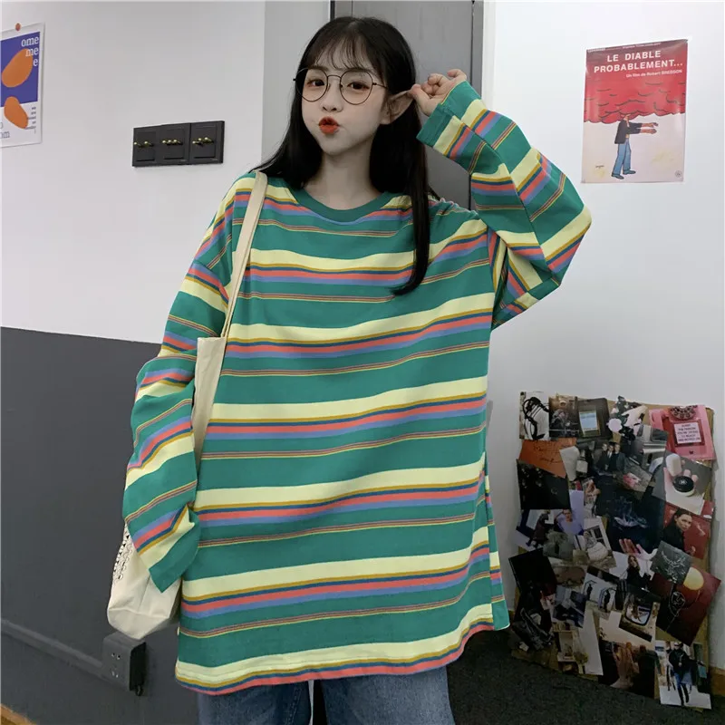 

Crewneck Sweatshirt Women Harajuku Oversized Hoodie Striped Women's Hoodies BF Friends Kpop Clothes Streetwear Apparel 2020 Soft