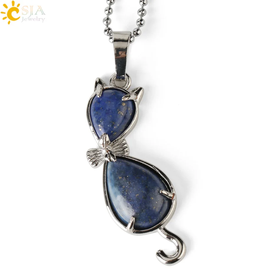 Lapis Chain CSJA натуральный камень кошка животное кулон в форме капли воды Исцеление розовый с кварцевым тигровым глазом фиолетовый кристалл прекрасные ожерелья для женщин девочек G305 - Окраска металла: Lapis Chain