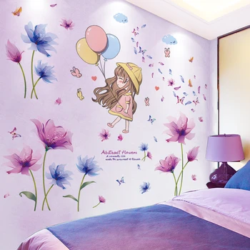 

[shijuekongjian] Cartoon Girl Balloons Wall Stickers DIY Flowers Mural Decals for Kids Bedroom Living Room House Decoration