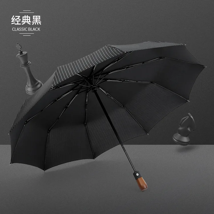 Полностью автоматический зонт, деревянная ручка 10 K, ветрозащитный зонт, складной зонт, мужской высококачественный деловой зонт - Цвет: Black