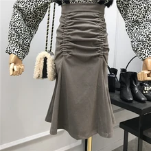 Юбка средней длины в стиле ретро с рюшами и рыбьим хвостом, Женская осенне-зимняя замшевая юбка с высокой талией, женские юбки, темпераментные женские юбки, Jupe Femme