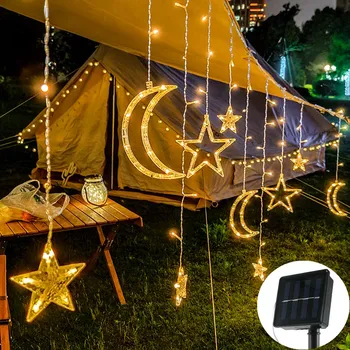 Solar Lamp Star Moon Fairy Gordijn Lichtslingers Kerst Garland Voor Bar Thuis Bruiloft Tuin Patio Window Decor Remote