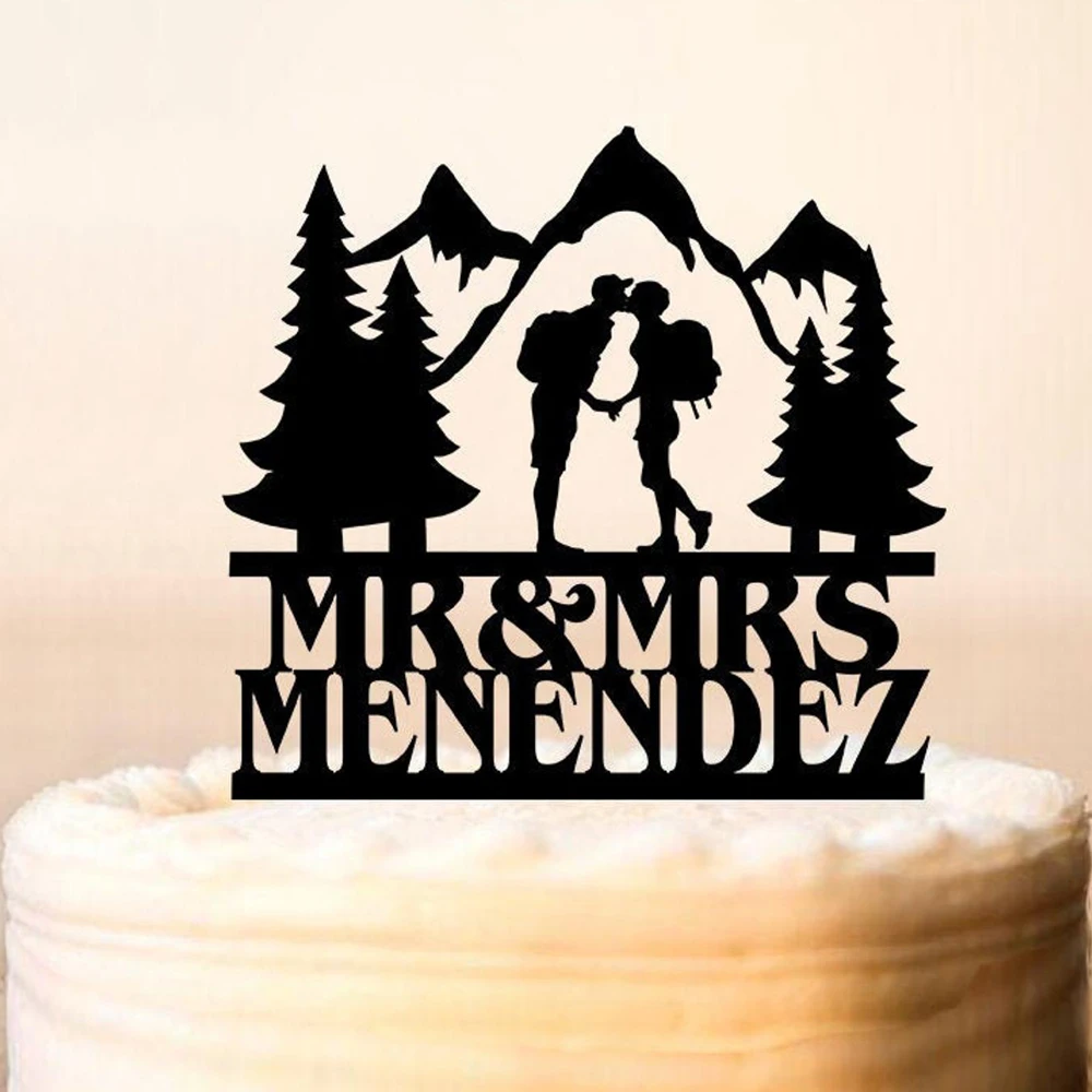 Personalized Mountain wedding cake topper,Bride and Groom, Hiking Wedding,Custom Mountain Cake Topper,Tree Cake Topper for Party