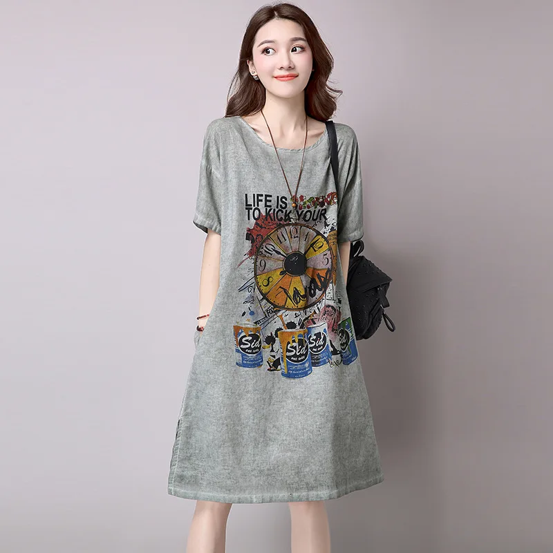 

Photo Shoot 2019 Summer Wear New Style Loose-Fit Printed Medium-length Dress Women's Large Size Short Sleeve Cotton Linen Dress