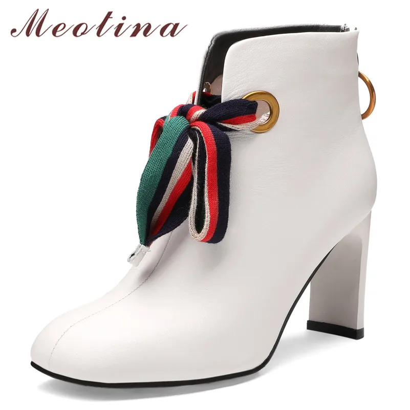 

Meotina Autumn Ankle Boots Women Natural Genuine Leather Block High Heels Short Boots Zipper Square Toe Shoes Ladies Size 33-40