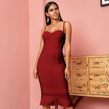 

Sesidy Summer 2022 Women Bodycon Bandage Dress Sexy Spaghetti Strap Sleeveless Mermaid Club Dress Midi Celebrity Party Dress