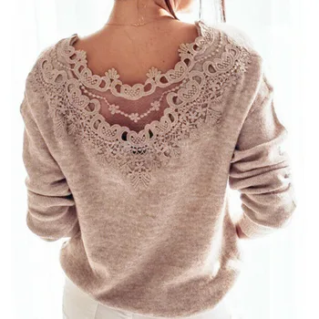 

Lace Stitching Elegant Pullover Knitted Sweater Tops Sexy Backless Long Sleeve Women Autumn Jumpers 2019 New