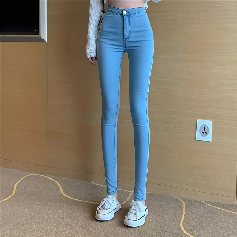 여성 청바지 하이 웨스트 스트레치 스키니 데님 바지 2021 봄 가을 블루 레트로 씻어 탄성 슬림 펜슬 바지