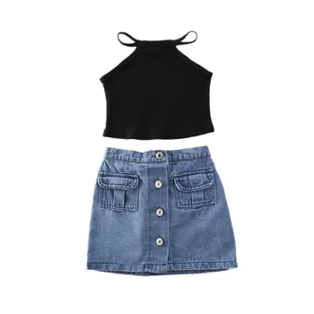 

Toddler Baby Girls Clothes Sleeveless Vest Black Knit Tank Top+Denim Skirts 2Pcs Sets Kids Summer Fashion Outfits 1-6Y