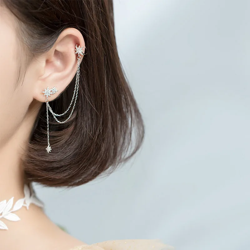 silver earring 1 pcs 925 пробы, серебряные серьги, кубический цирконий, астральная звезда, серьги-гвоздики для женщин, цепочка, кисточка, серьги-манжеты, клипсы, модное ювелирное изделие - Окраска металла: silver earring 1 pcs