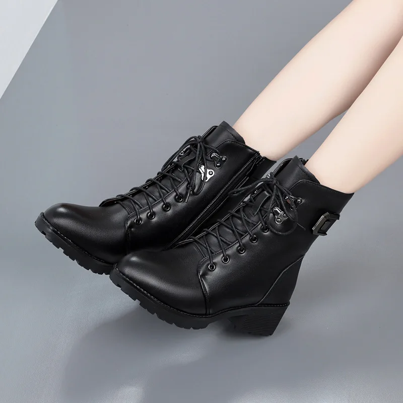 

2019 Winter New Style Martin Boots Anti-slip Biker Short Boots Lace-up Large Size Semi-high Heeled WOMEN'S Genuine Leather Boots