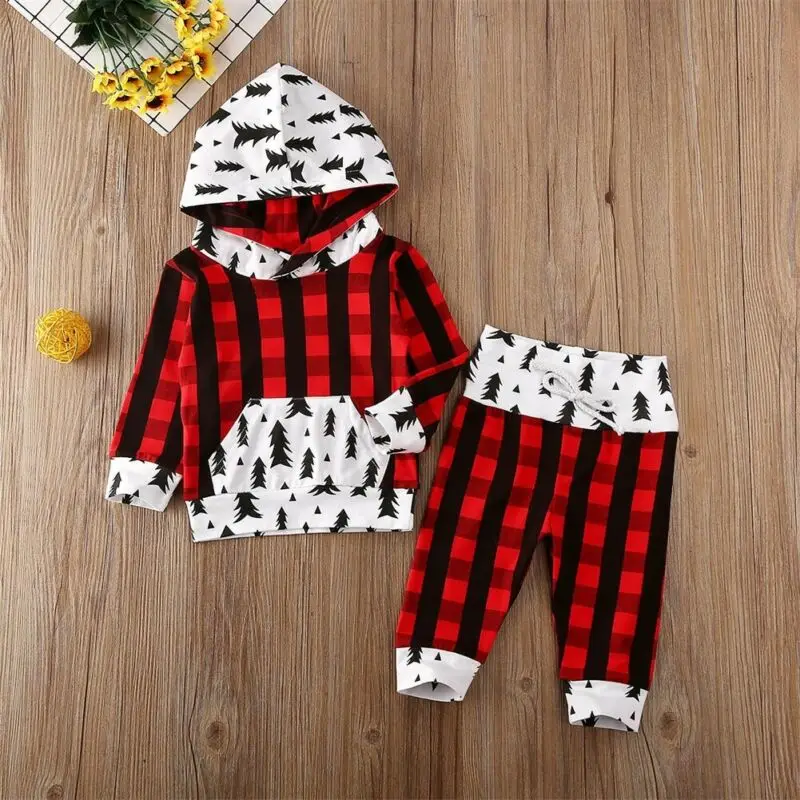 Focusnorm/Рождественская Одежда для новорожденных мальчиков и девочек 0-24 месяцев; клетчатый топ с капюшоном и штаны; брюки для мальчиков; Рождественский комплект одежды