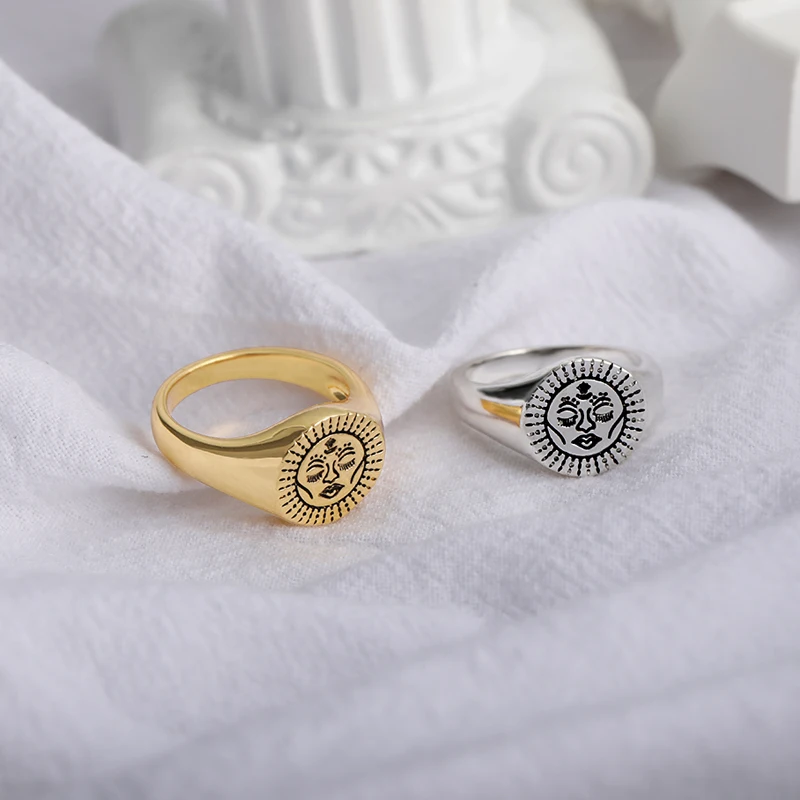 Aesthetic Rings For Women Vintage Stainless Steel Sun Face Punk Couple Ring Fashion Exaggeration