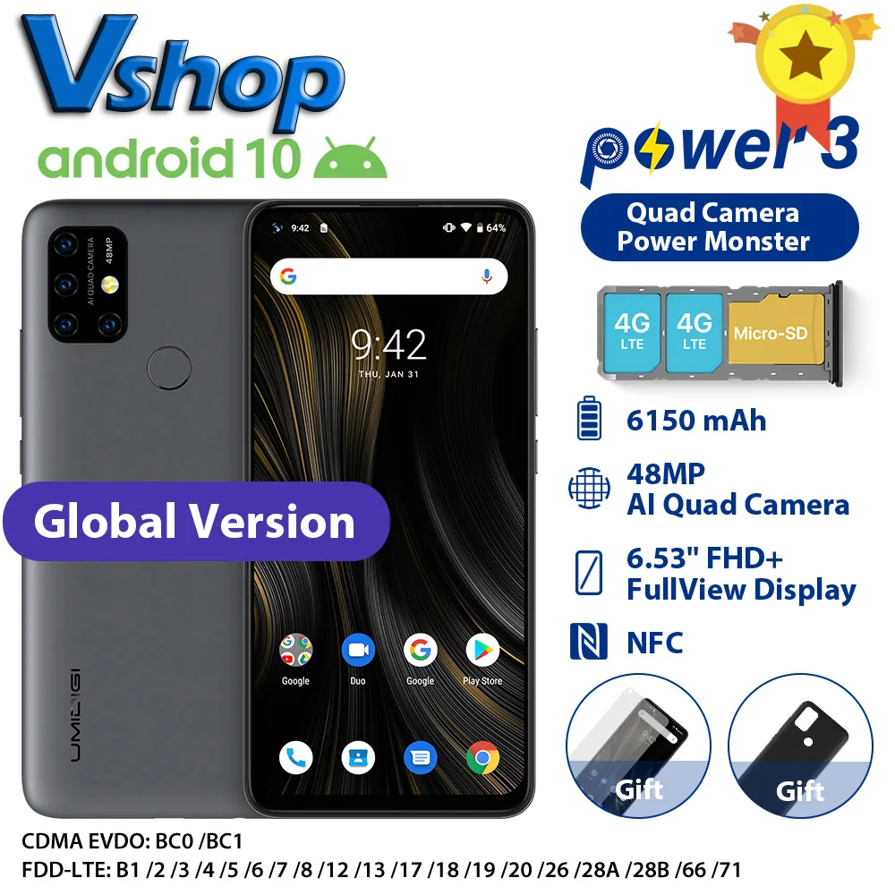UMIDIGI power 3 4 Гб+ 64 ГБ Android 10 48MP Quad AI камера 6150 мАч 6,5" FHD+ 4 Гб 64 Гб Helio P60 глобальная версия смартфона NFC