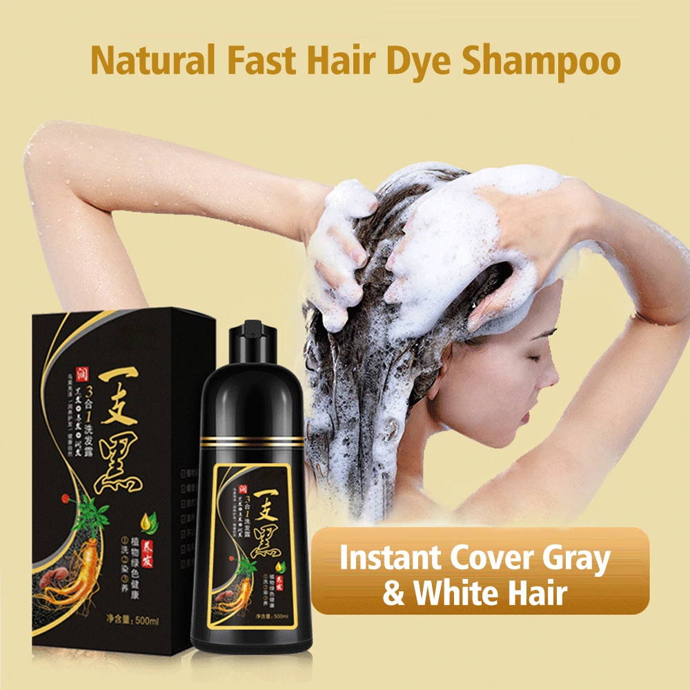 500ml Black Hair Color Dye Hair Shampoo Cream Organic Permanent Covers White Gray Shiny Natural Ginger Essence for Women Men