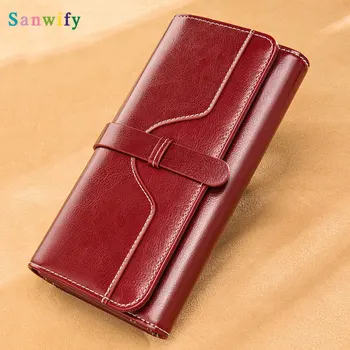 

Luxury Design Vintage Oil Women Genuine Leather Wallet Long Large Capacity Clutch Purse Ladies Bag Tri-fold Phone Money Clip