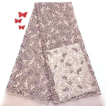 

French Net Lace Fabric 2019 Latest african guipure lace fabric with embroidery mesh tulle pink cord Sequins lace fabric LJ02-2