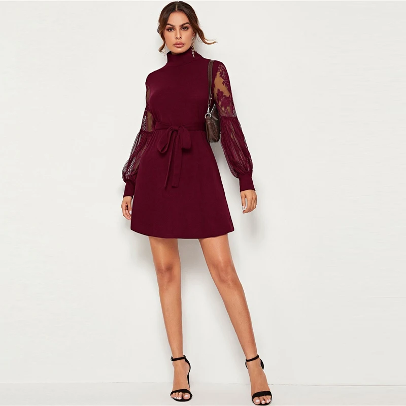 SHEIN элегантное платье с поясом, с высокой горловиной, с контрастным кружевом, с рукавом-фонариком, женские осенние модные короткие платья с высокой талией