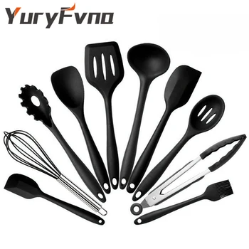 

YuryFvna Set of 10 Non-Stick Silicone Kitchen Utensils Set Tong Spoon Spatula Pasta Server Whisk Ladle Strainer Cooking Utensils