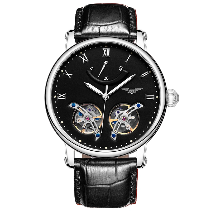 GUANQIN GJ16046 Скелетон турбилон Модные мужские люксовый бренд Tourbillon Автоматические Мужские механические часы Спортивные Светящиеся аналоговые - Цвет: Черный